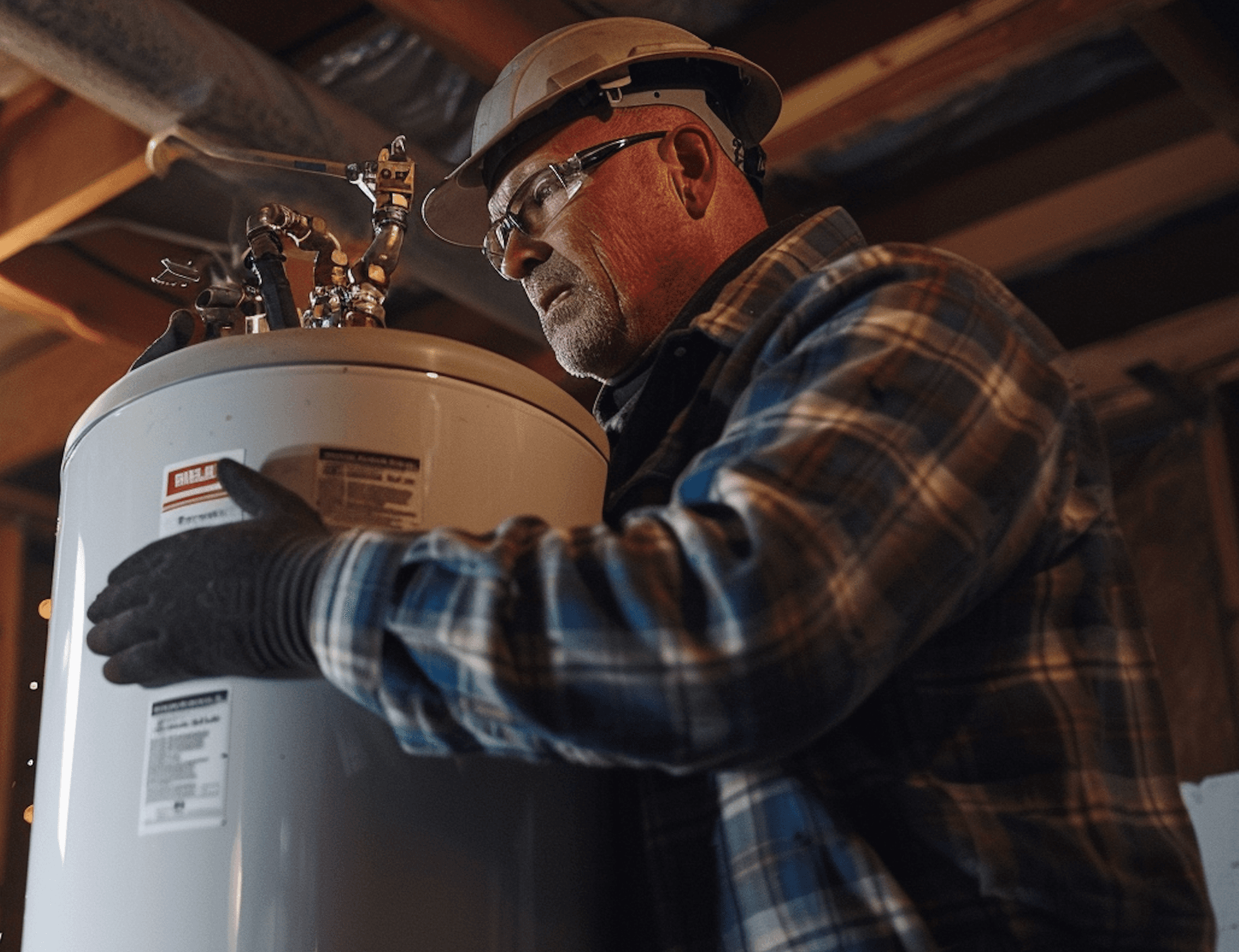 Plumber working on water heater